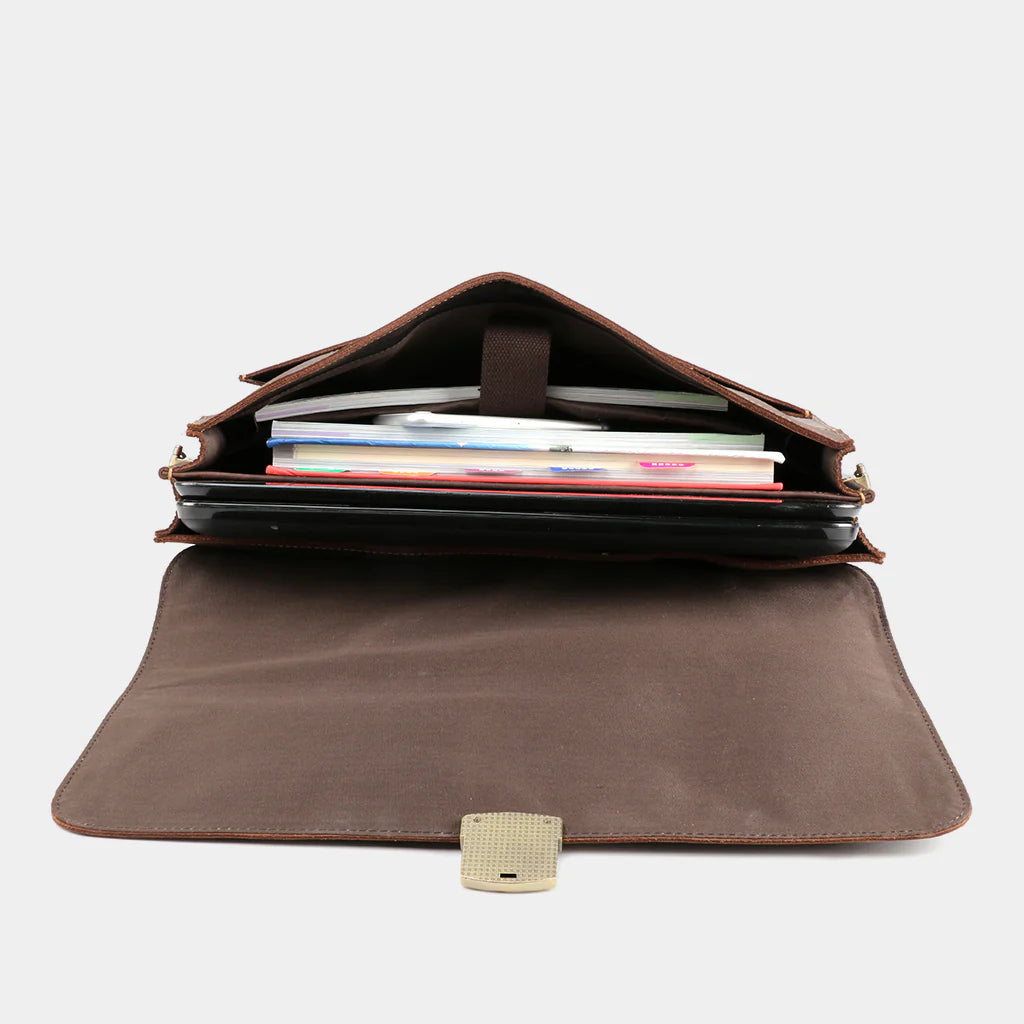 Top-Grain Leather 15″ Laptop Briefcase with Key Lock