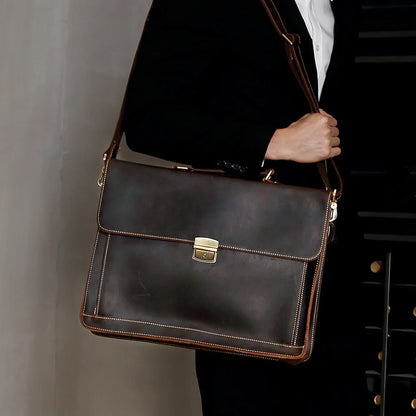 Top-Grain Leather 15″ Laptop Briefcase with Key Lock