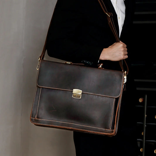 Top-Grain Leather 15″ Laptop Briefcase with Key Lock