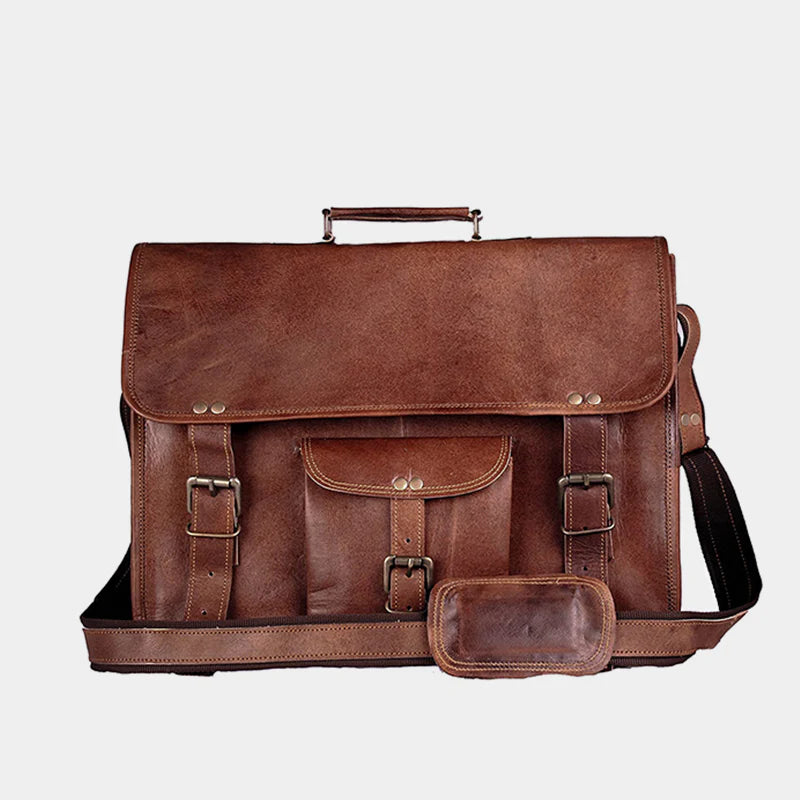 Vintage Classic Full-Grain Leather Laptop Briefcase