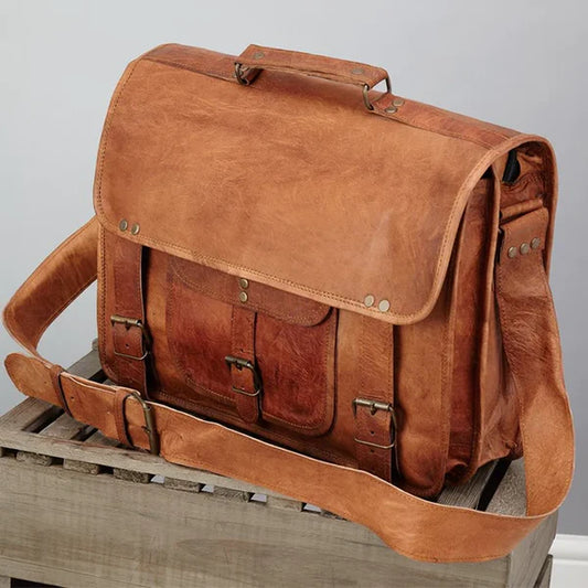 Vintage Classic Full-Grain Leather Laptop Briefcase