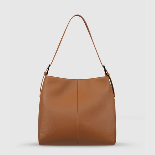 Women’s Tan Pebble Leather Shoulder Bag with Magnetic Closure