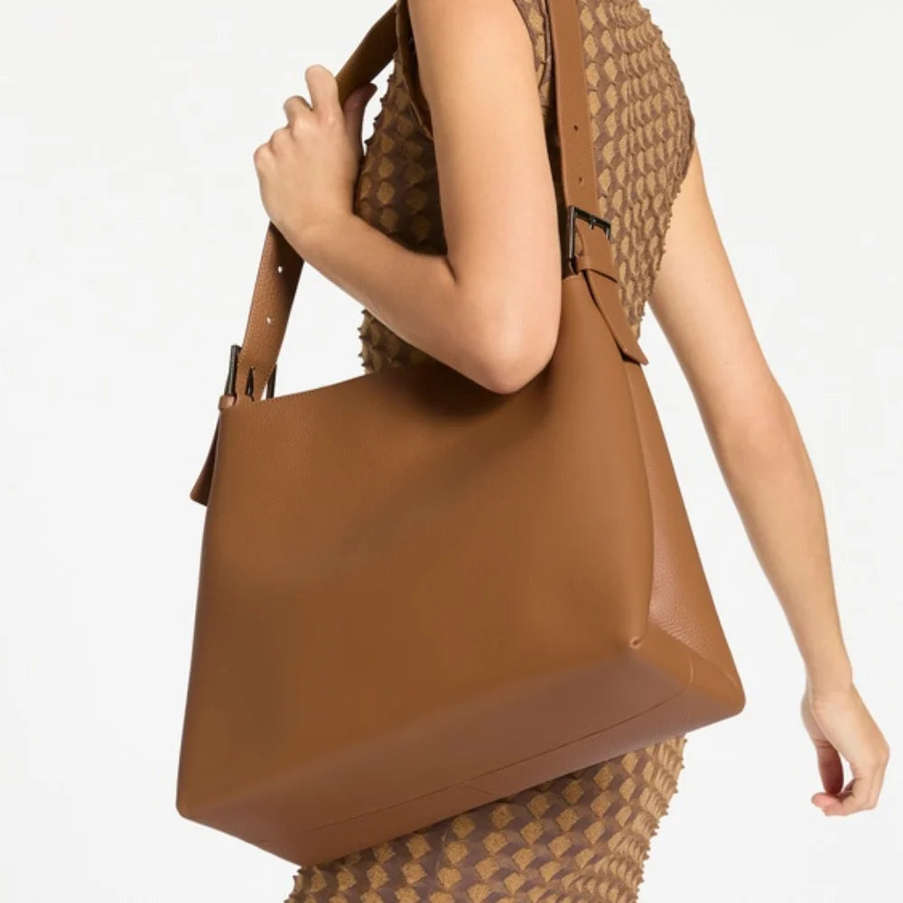 Women’s Tan Pebble Leather Shoulder Bag with Magnetic Closure