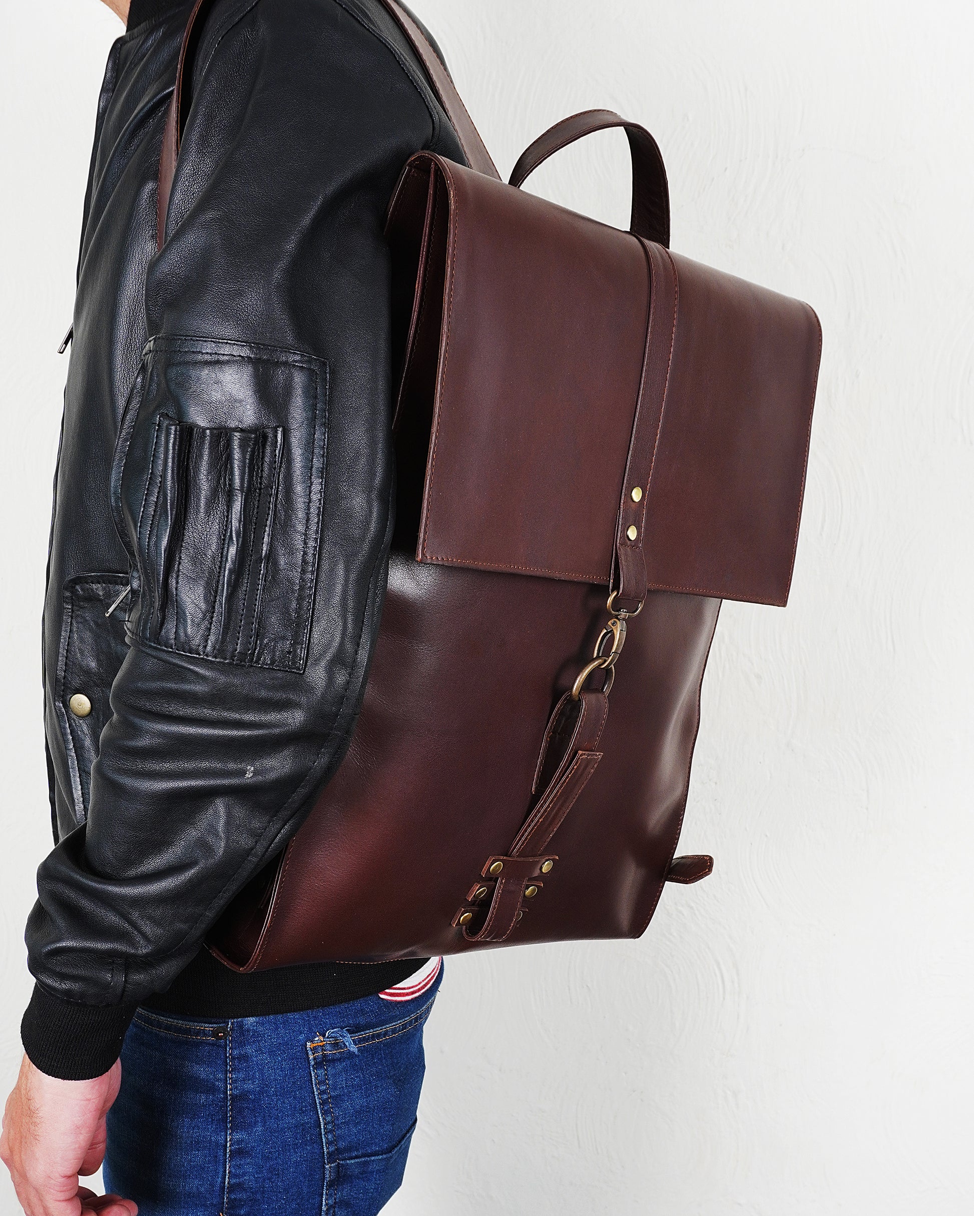 Fold-over Brown Leather Backpack for mens