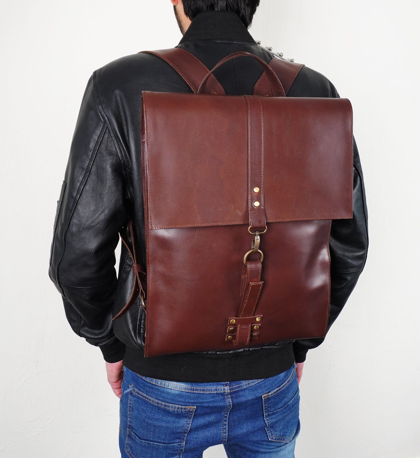 Fold-over Brown Leather Backpack 