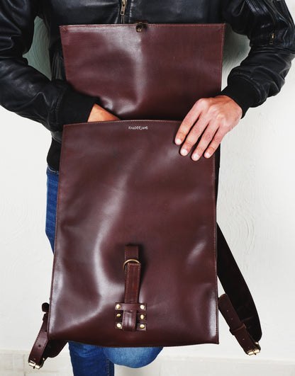 Fold over Brown Leather Backpack 