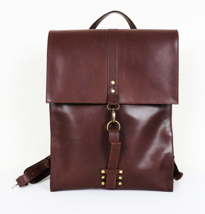 Fold-over Brown Leather Backpack Mens