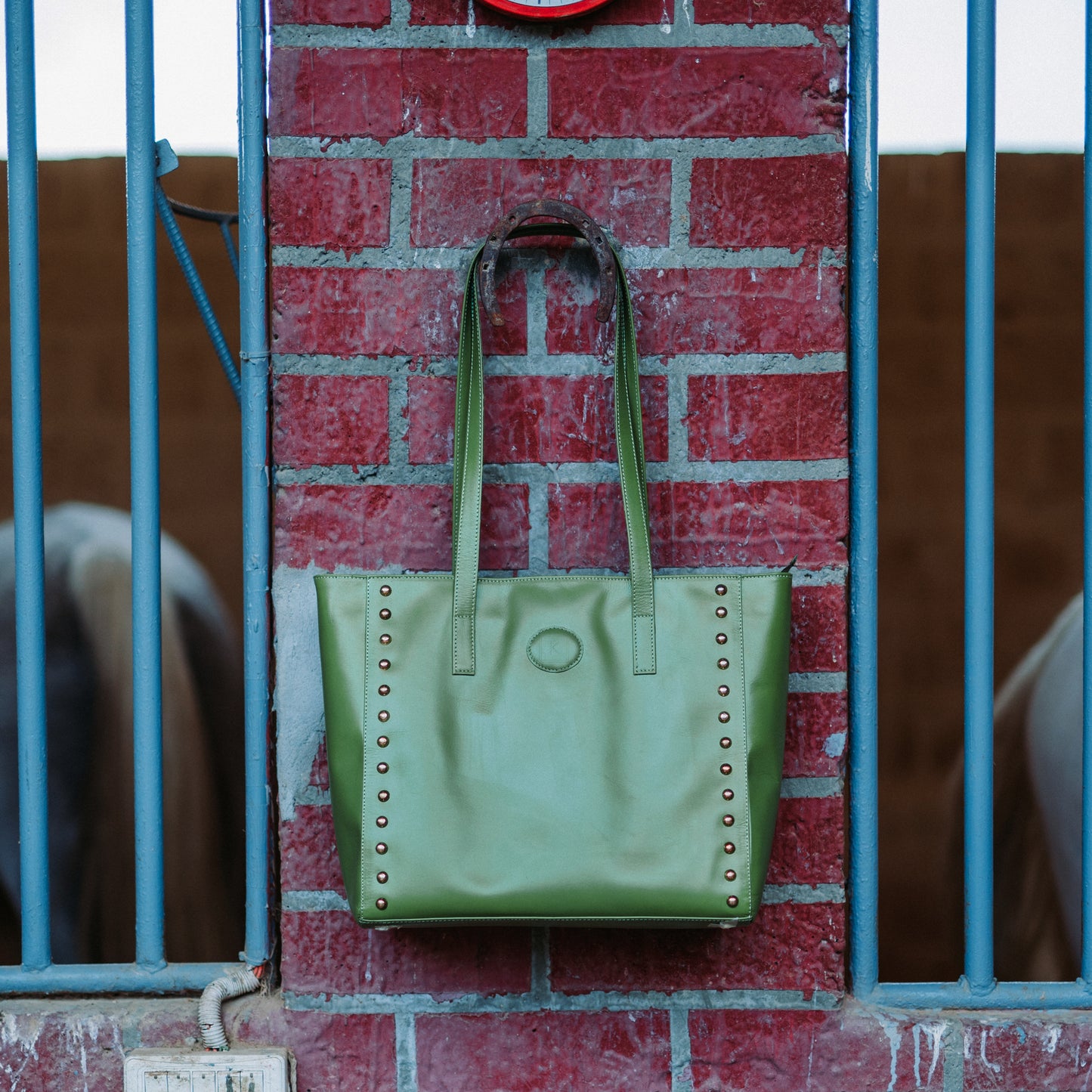 Womens Studded Leather Green Tote Bag